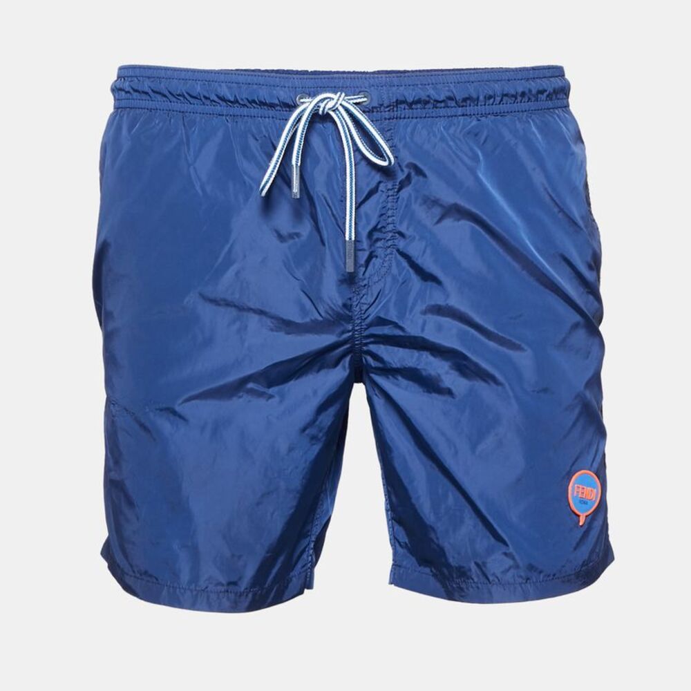 Fendi Navy Blue Nylon Fendi Logo Patch Swim Shorts S